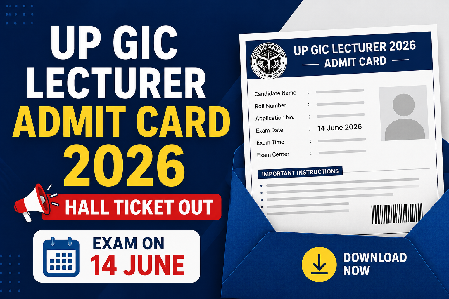 UP GIC Lecturer Admit Card 2026 - Hall Ticket Out, Exam on 14 June