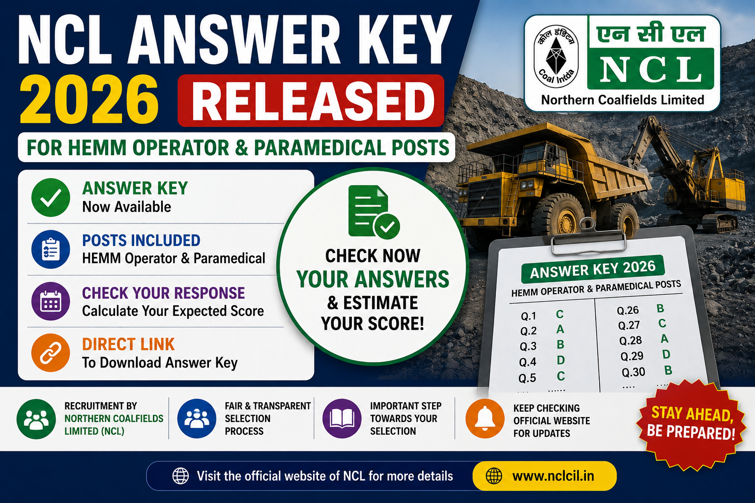 NCL Answer Key 2026 Released for HEMM Operator & Paramedical Posts